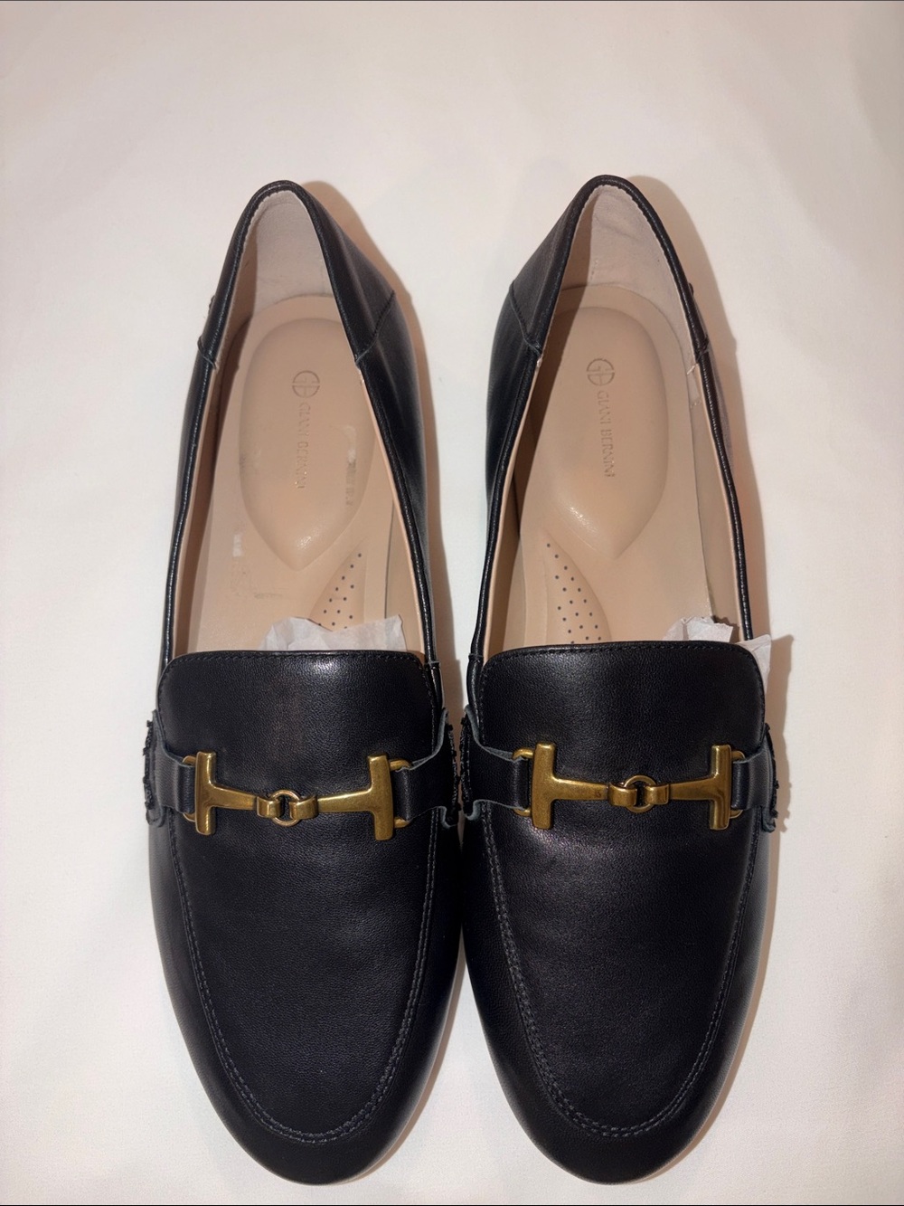 Giani Bernini Black Leather Horsebit Loafers with Gold Hardware